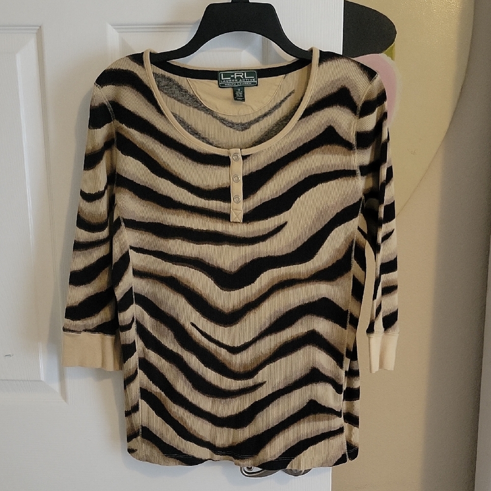 Lauren Ralph Lauren sz1X 100% Cotton Zebra Print 3/4 Sleeve Top in Black, Cream